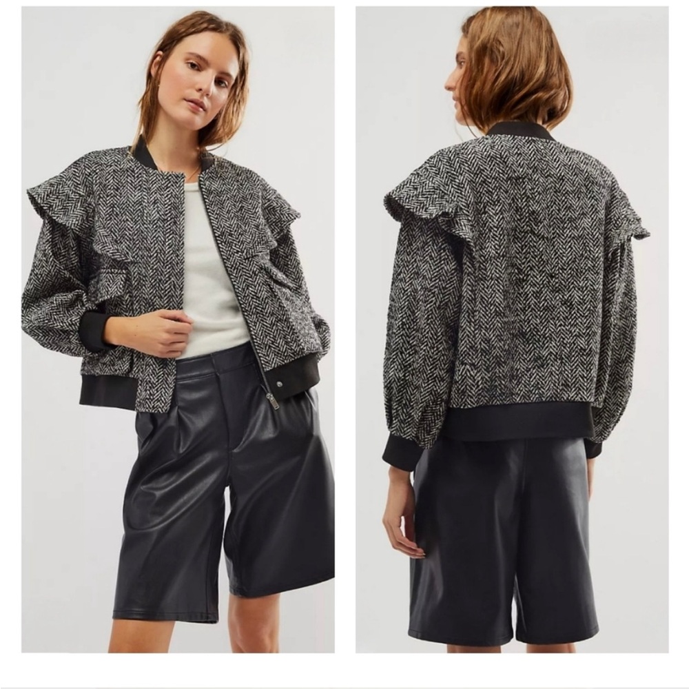 Driftwood Small Frill Bomber Relaxed Herringbone Ruffle Wool Blend Jacket Pocket